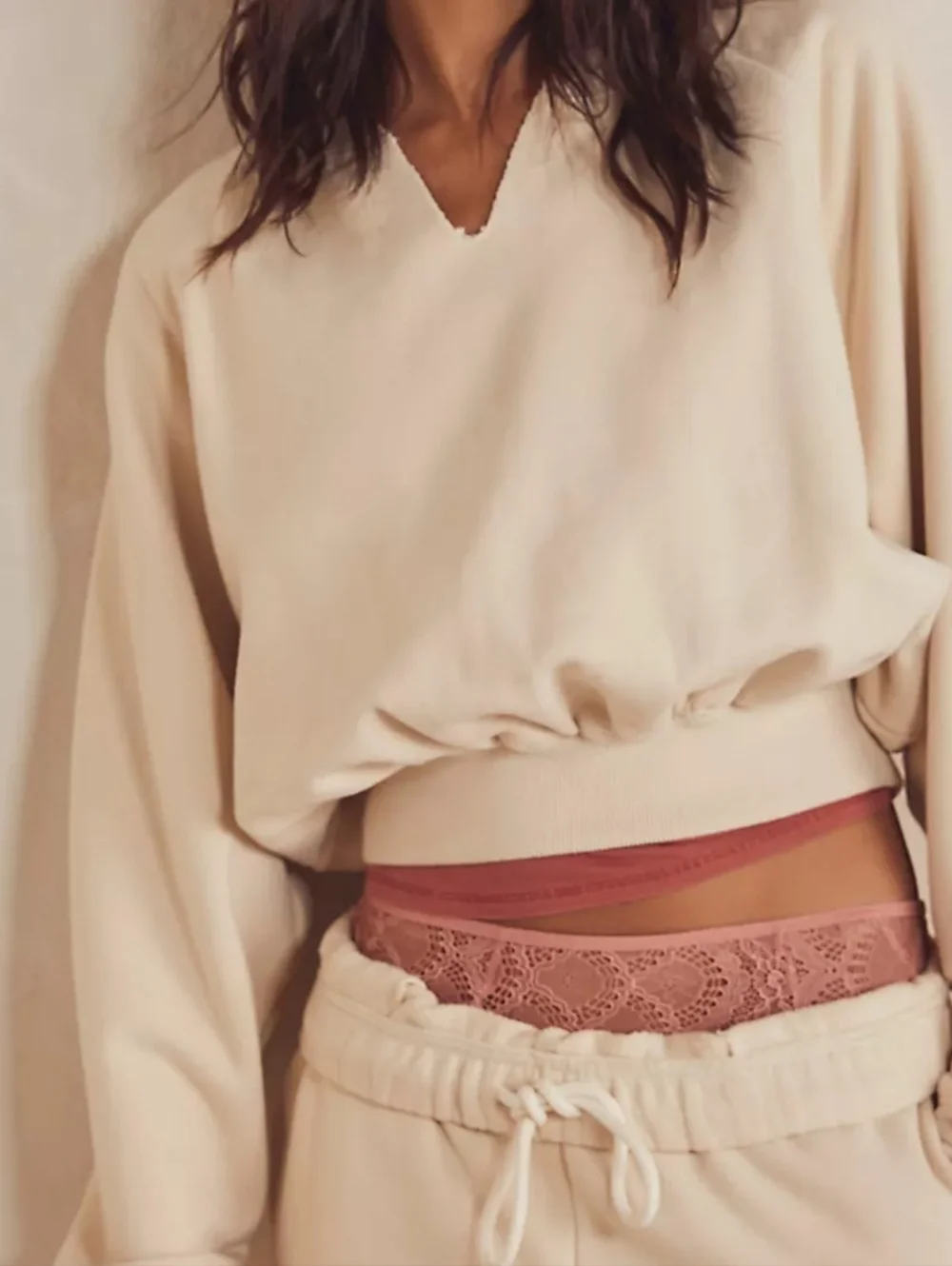FP Beach Free People Pullover Crop Sweatshirt Cream Boho Beachy Top Small